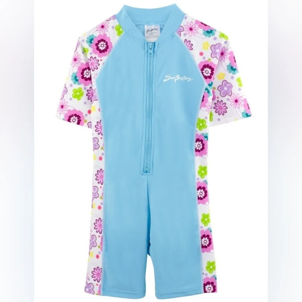 SunBusters Girls UV UPF50+ Sun Suit Swim Suit Blue Floral Size 2/3 - Picture 1 of 1